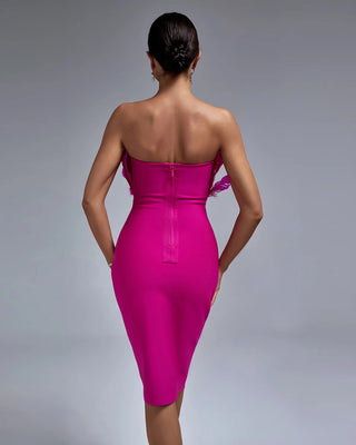 Elegant Slim Fit Strapless Midi Feather Cocktail Dress - Evening Bandage Dress for Women