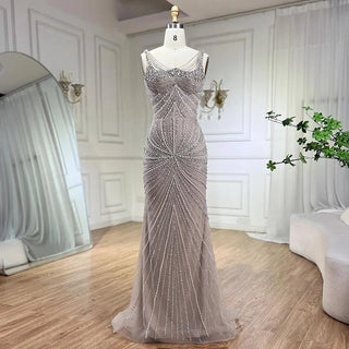 Ready to Ship - Arabic Nude Spaghetti Strap Mermaid Evening Gown - Luxury Pearls Beaded for Women's Wedding Party 2024