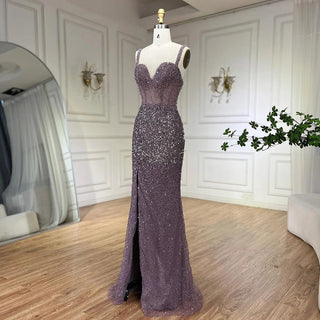 Ships in 1 to 3 Days - Purple Spaghetti Straps Mermaid Beaded Party High Split Evening Dress - Gown for Women's Wedding Party 2024