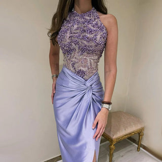 2024 Arabic Lilac Halter Neck Side Slit Mermaid Luxury Dubai Evening Gown Beaded Dress for Women's Party