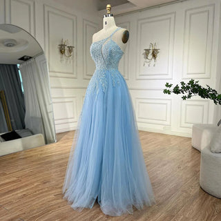 Arabic Blue Spaghetti Strap A-Line One Shoulder Beaded Luxury Evening Dresses Gowns for Women's Party 2024