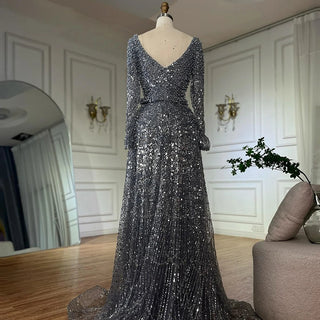 2025 Gray Mermaid Beaded Evening Gown with Overskirt for Formal Occasions.