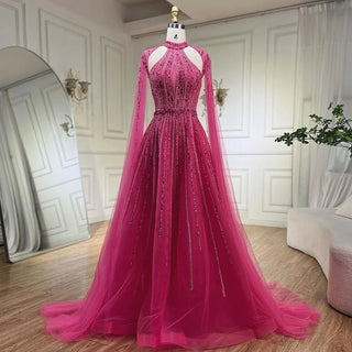 Arabic Fuchsia A-Line Cap Sleeve Beaded Luxury Dubai Evening Dress - Gown for Women's Wedding Party 2024