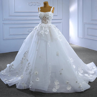 Illusion Spaghetti Strap Flower Ball Gown Empire Wedding Dress