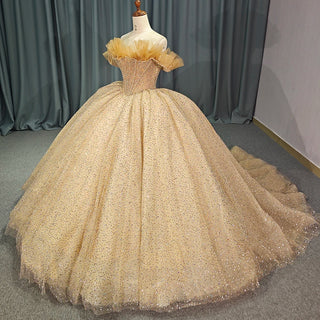 Luxury Off-Shoulder Ruched Empire Golden Quinceañera Dress