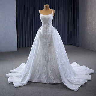 Luxury Sequins Beaded Scoop Mermaid Wedding Dress with Detachable Train