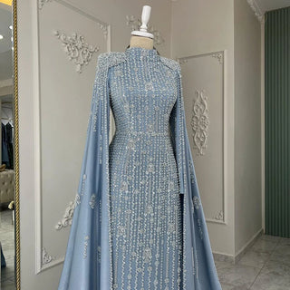 Ships in 1 to 3 Days - 2024 Luxury Dubai Blue Muslim Mermaid Beaded Evening Gown with Cape Sleeves for Women's Party