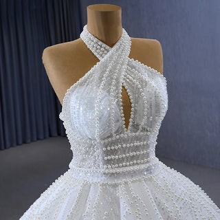 Fairy Halter Pearl Beaded Ball Gown Wedding Dress for Girls