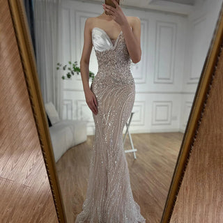 2024 Arabic Nude Mermaid Gown with Pearl Beading - Luxury Saudi Evening Dress for Formal Occasions