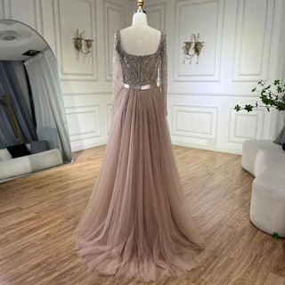 Ships in 1 to 3 Days - Arabic Nude Mermaid Beaded Luxury Dubai Long Evening Dress with 2-in-1 Skirt and Overskirt for Women's Party 2024