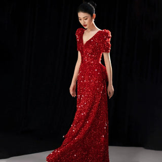 Ships in 1 to 3 Days – Stunning Red Sequin V-Neck Evening Dress for Weddings and Engagements