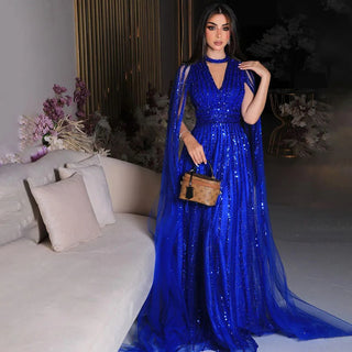 Ships in 1 to 3 Days - Arabic Blue A-Line Elegant Evening Dress: Luxurious Cape Sleeves with Beaded Embellishments for Women's Wedding Party 2024