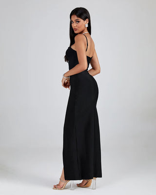 Ships in 1 to 3 Days - Elegant Ladies Black Bandage Dress - Sleeveless Spaghetti Strap Backless High Slit Bodycon Maxi Cocktail Dress