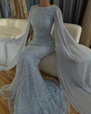 2024 Saudi Arabia Blue Mermaid Evening Gown with Cape Sleeves and Luxury Beading for Formal Occasions