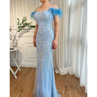 Ships in 1 to 3 Days - Blue Mermaid Elegant Off-Shoulder Feather-Beaded Evening Gown for Women's Party 2024