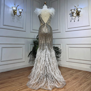 Silver High Split Deep Mermaid Luxury Feather Beads Evening Dress - Women's Wedding Party Gown 2024