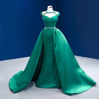 Green Satin Mermaid Prom Evening Dresses With Detachable Train.