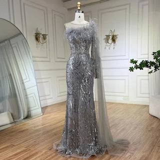 Arabic Silver Gray One-Shoulder Mermaid Evening Gown with Long Cloak - Beaded Elegance for Women's Wedding Party 2024