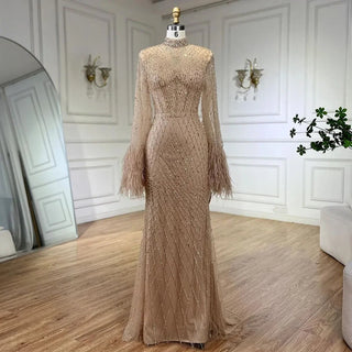 Ships in 1 to 3 Days - 2024 Women Wedding Party Dubai Gowns: Nude Illusion Cut Out Lace Beaded Feathers Mermaid Long Evening Dresses