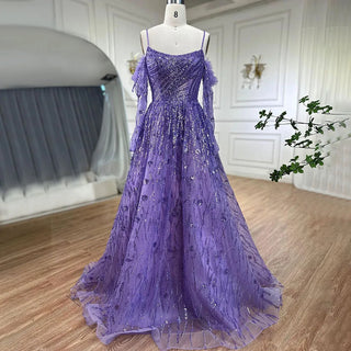 Arabic Purple Spaghetti Strap A-Line Dubai Evening Dress 2024 with Long Sleeves, Beaded Luxury - Ideal for Special Occasions