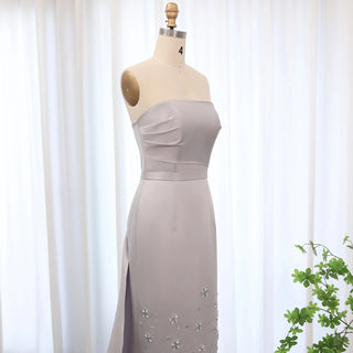 Arabic Silver Gray Mermaid Satin Luxury Beaded Evening Gown - 2024 Women's Wedding Party