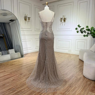 Arabic Nude High-Slit Spaghetti Strap Beaded Mermaid Evening Gown for Women - Wedding Party 2024