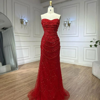 Ships in 2 to 5 Days - 2025 Customized Red Mermaid Evening Gown with Long Cape and Pearls Beaded Embellishments