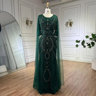 Dubai Arabic Green Mermaid Evening Dress with Elegant Luxury Beaded Cape Sleeves for Women's Party 2024