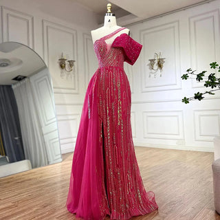 2024 Arabic Fuchsia One Shoulder Blue Beaded Luxury Dubai Evening Gowns with Side Skirt for Women's Party