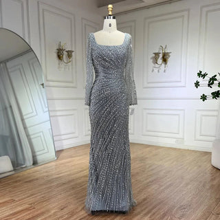 Arabic Dubai Silver Gray Mermaid Evening Dress - 2024 Luxury Beaded Gown with Detachable Skirt for Women's Party