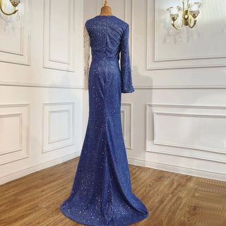 Blue Mermaid O-Neck Luxury Evening Dress: 2022 Long Sleeves Beaded Sparkle Gown for Women's Party