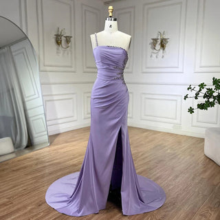 2024 Arabic Elegant Lilac Satin Mermaid Evening Dress - One Shoulder Beaded Women's Party Gown with High Slit