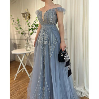 Elegant Blue Arabic Evening Dresses with Overskirt: Luxury Dubai Crystal Pink Formal Dress for Women's Wedding