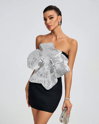 High-Quality Black Bandage Dress with Silver Big Flower - Sexy Formal Elegant Dress for Women