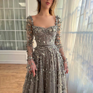 Ships in 1 to 3 Days -2024 Arabic Gray Lace-Up A-Line Elegant Appliques Luxury Beaded Evening Gown for Women's Wedding Party