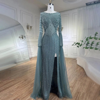 Ships in 1 to 3 Days - Arabic Turquoise Mermaid Elegant Evening Dress Gown 2024: Beaded Cape Sleeves, Luxury for Women Wedding Party