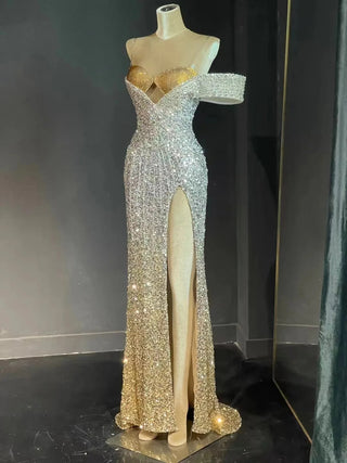 Luxury Mermaid One-Shoulder Sequins Dress with High Split - Floor-Length Fashion Dress