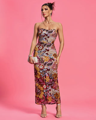 Ships in 1 to 3 Days -Strapless Floral Sequin Embellished Midi Dress