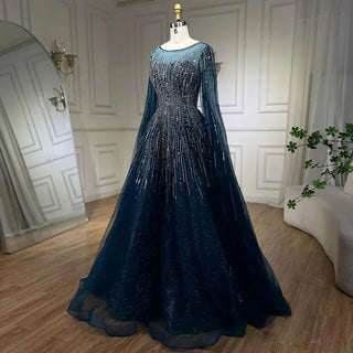 Ships in 1 to 3 Days - Navy Blue Luxury Evening Dress with Cape Sleeves - A-Line Beaded Gown for Women's Wedding Party 2024