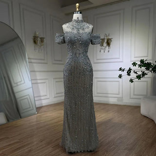 2024 Arabic Silver Nude Mermaid Beaded Crystal Luxury Dubai Evening Dresses Gowns for Women Wedding Party