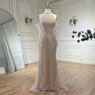 Dubai Luxury Pearls Beaded Mermaid Evening Dress Gown 2024 for Women - White Nude for Wedding Parties