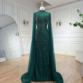 2024 Nude Cape Sleeves Mermaid Lace Beaded Luxury Dubai Long Evening Dress - Perfect for Women's Wedding Parties