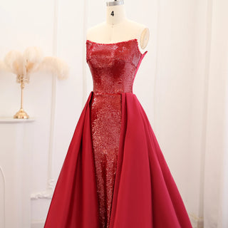 Sparkly Sequin Wine Red Mermaid Evening Dresses with Overskirt 2024 Elegant Women Wedding Gala Party Gowns