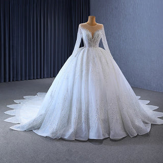 Luxury Heavy Beaded Long Sleeve Puffy Ball Gown Wedding Dress