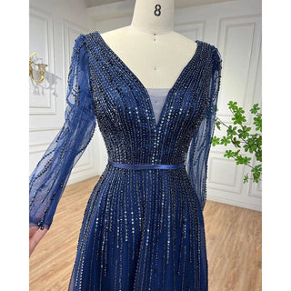 Modest Navy Blue Elegant A-Line Beaded Luxury Evening Dress - Formal Occasion Party Gown for Women