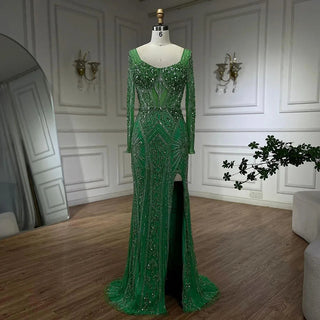 2024 Dubai Arabia Luxury Beaded Evening Dress - Green Elegant Split Mermaid Gown for Women's Wedding Parties