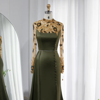 Opulent Olive: Luxury Dubai Mermaid Evening Dress with Long Sleeves for Elegant Weddings