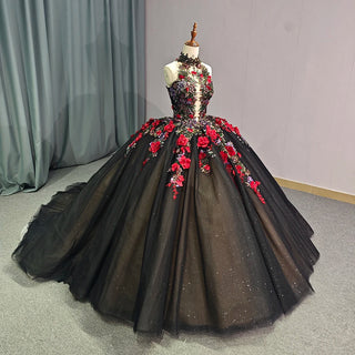 Generous Black Appliquéd Flower Ball Gown Quinceañera Party Dress