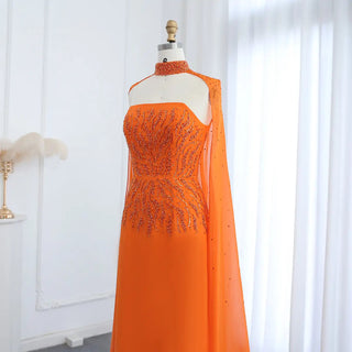 Arabic Orange Strapless Evening Dress with Cape Sleeve for Women, Luxury Dubai Formal Party Gowns