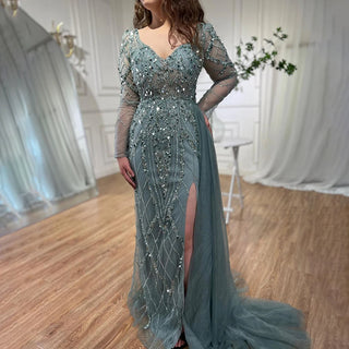 Ships in 1 to 3 Days - Turquoise High Split Mermaid Long Sleeves Evening Dress with Beading for Women Wedding Party